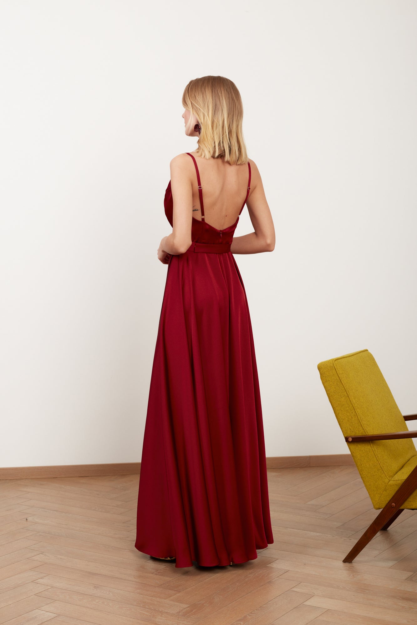 FREYA burgundy red satin maxi wedding guest dress