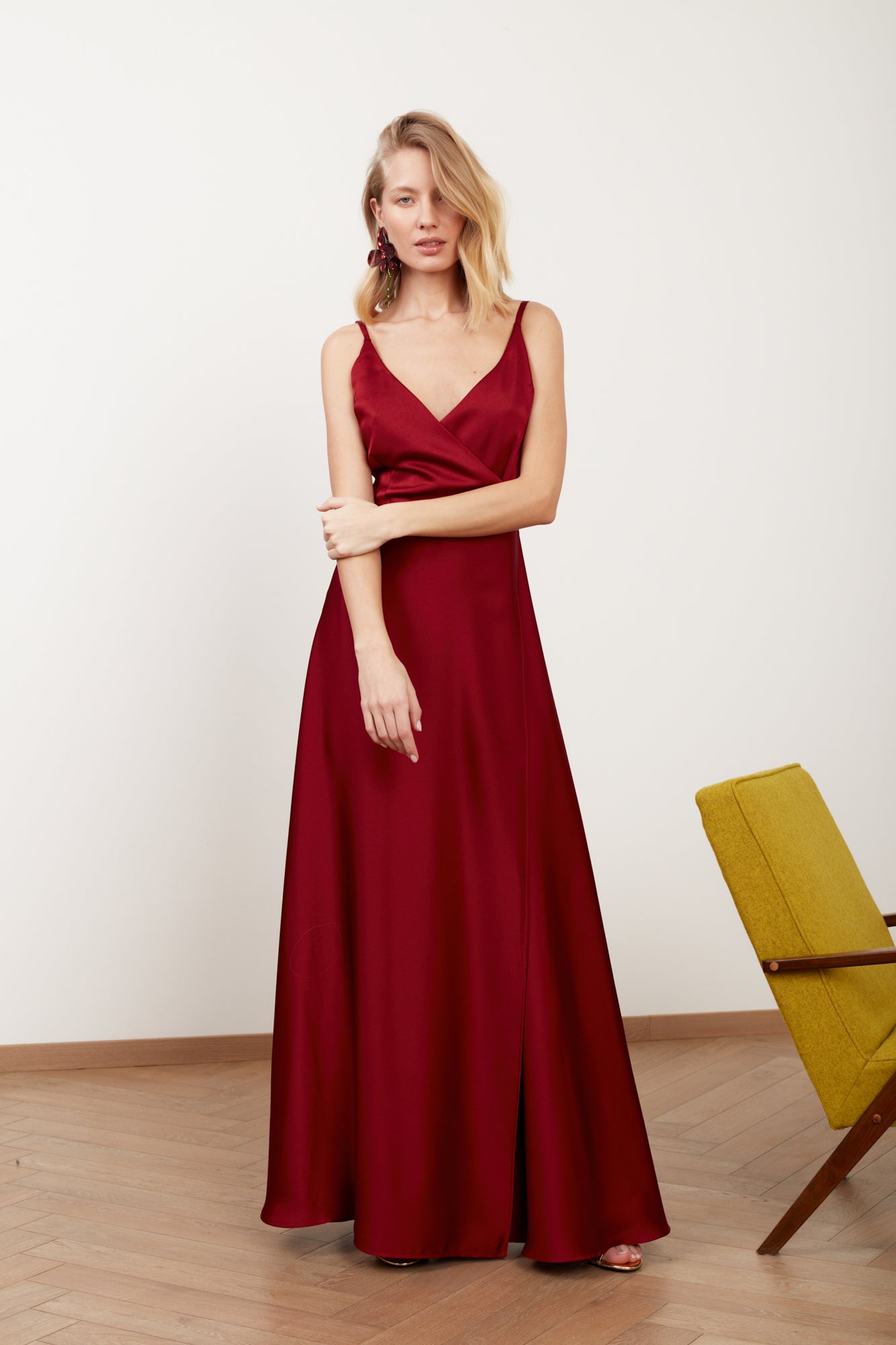 FREYA burgundy red satin maxi wedding guest dress