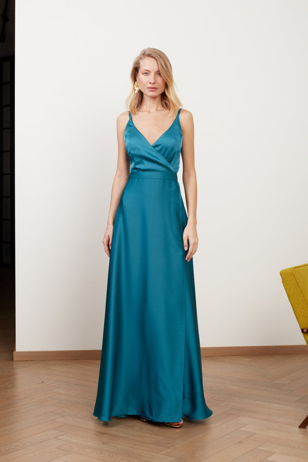FREYA dark turquoise blue satin maxi evening dress