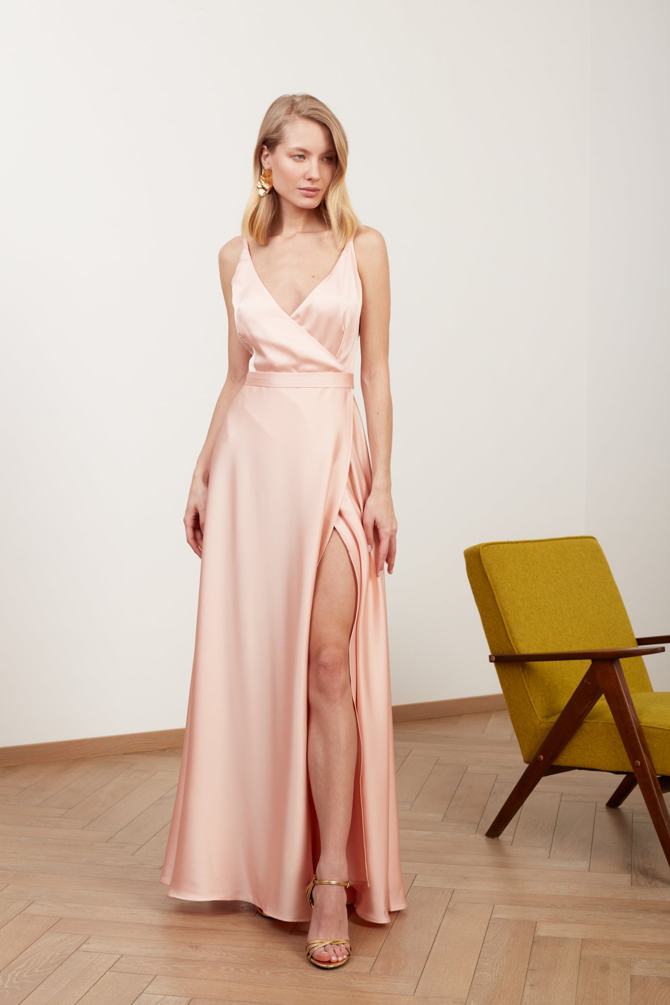 FREYA coral satin long evening dress