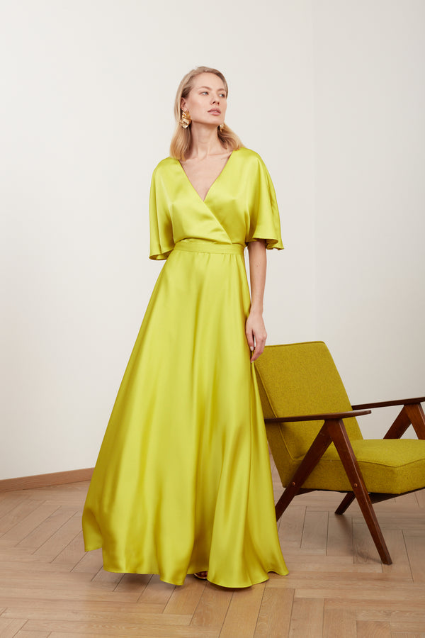 SOLENE lime green satin long evening dress with butterfly sleeves