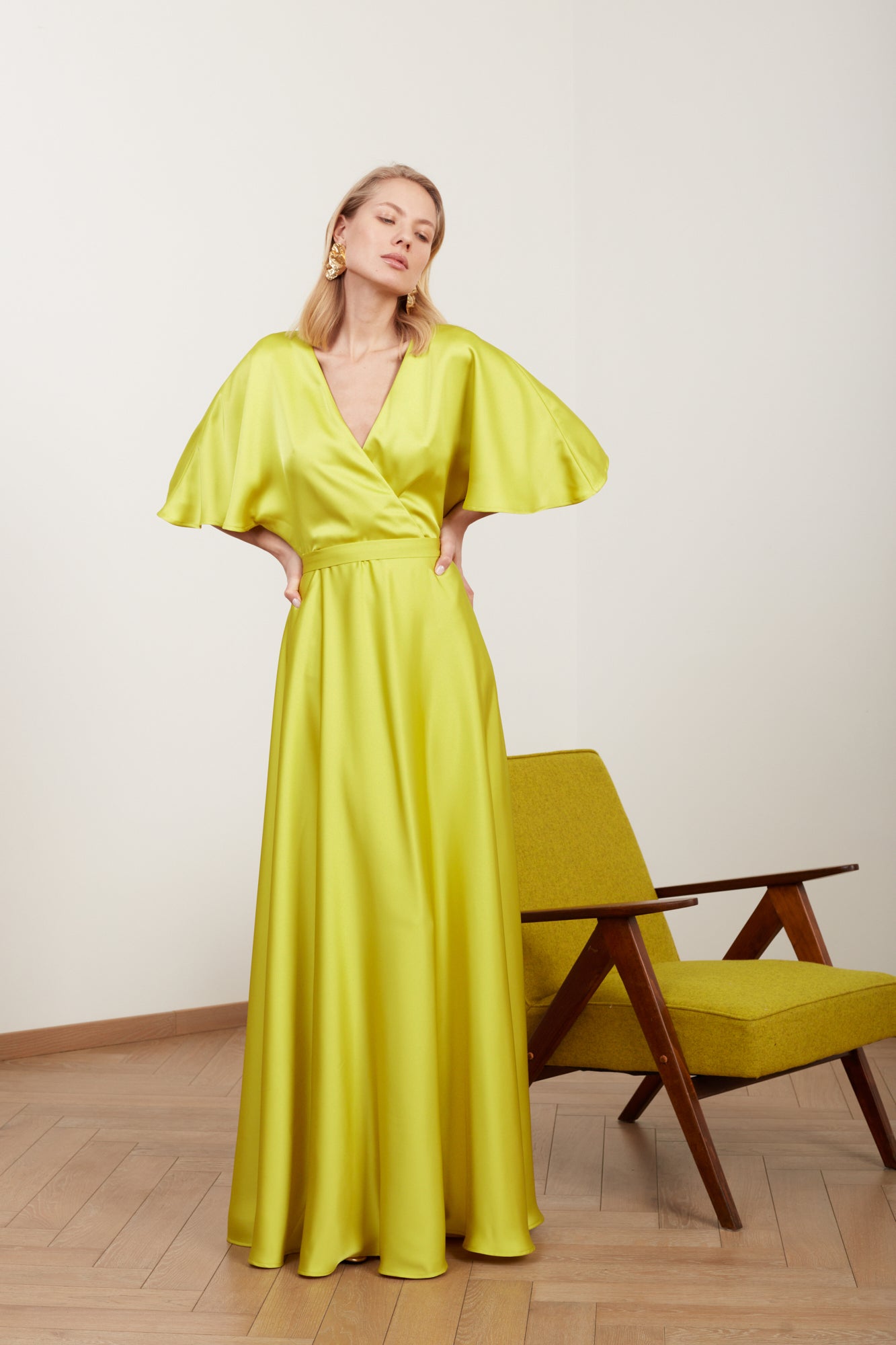 SOLENE lime green satin long evening dress with butterfly sleeves