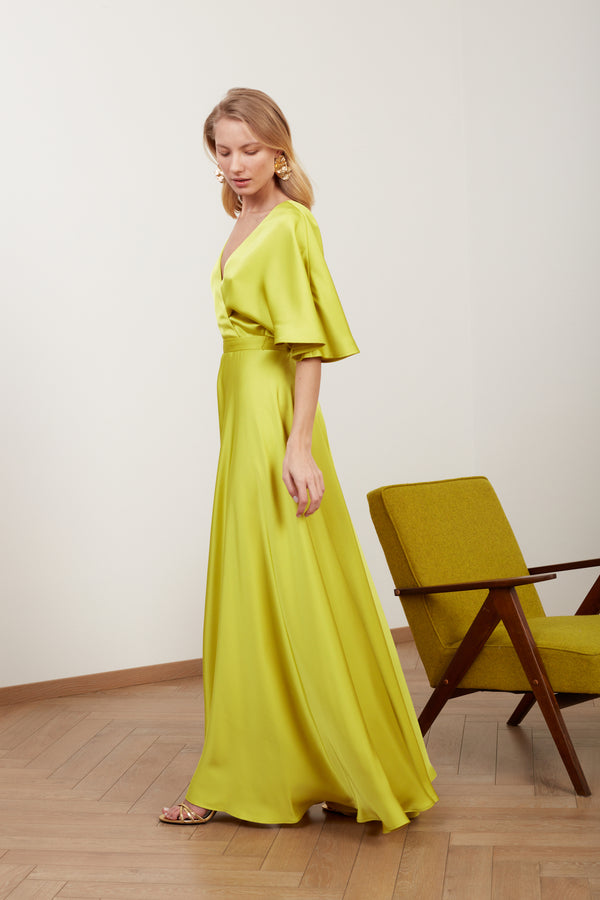 SOLENE lime green satin long evening dress with butterfly sleeves