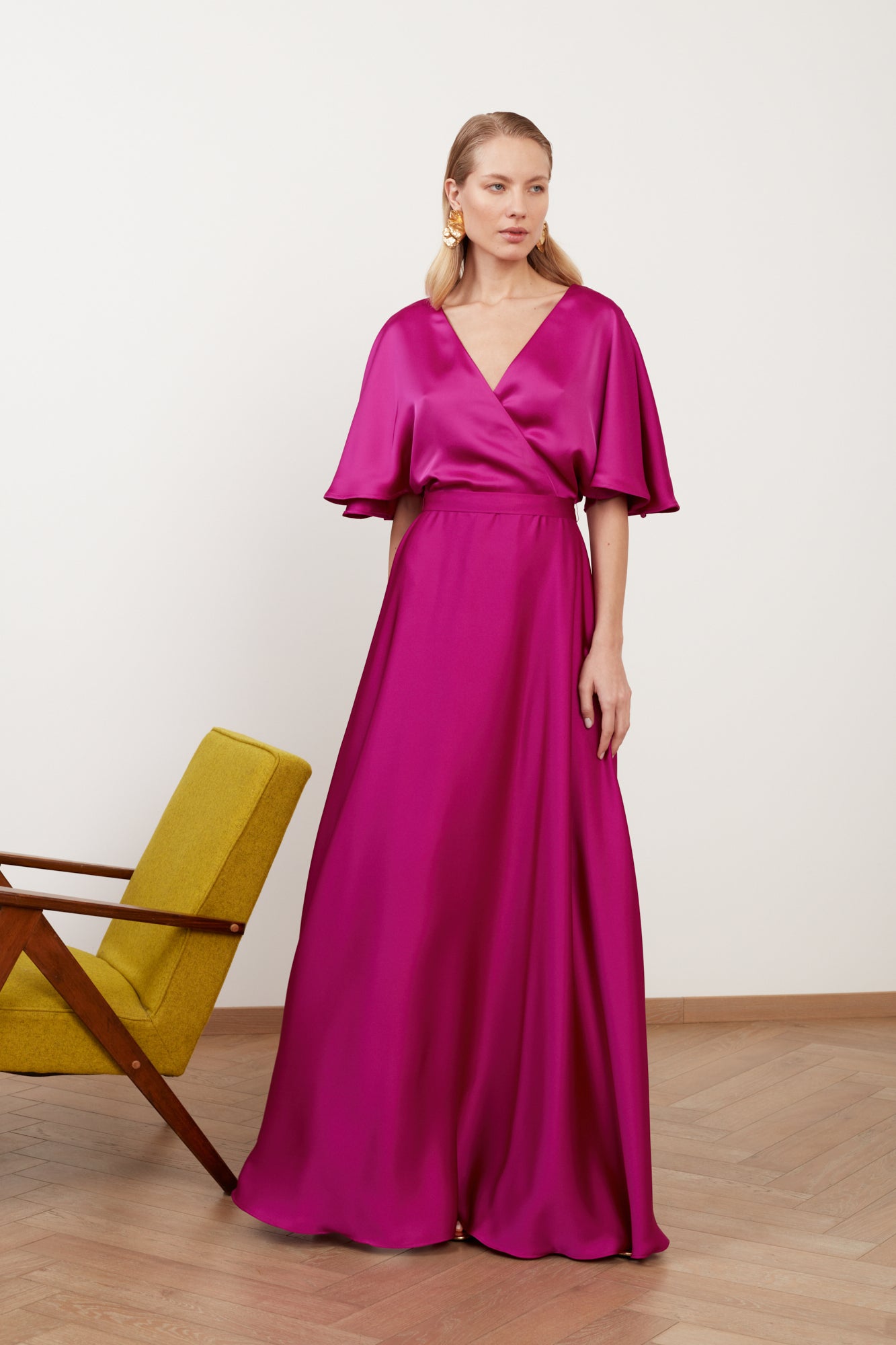 SOLENE fuchsia satin long wedding guest dress