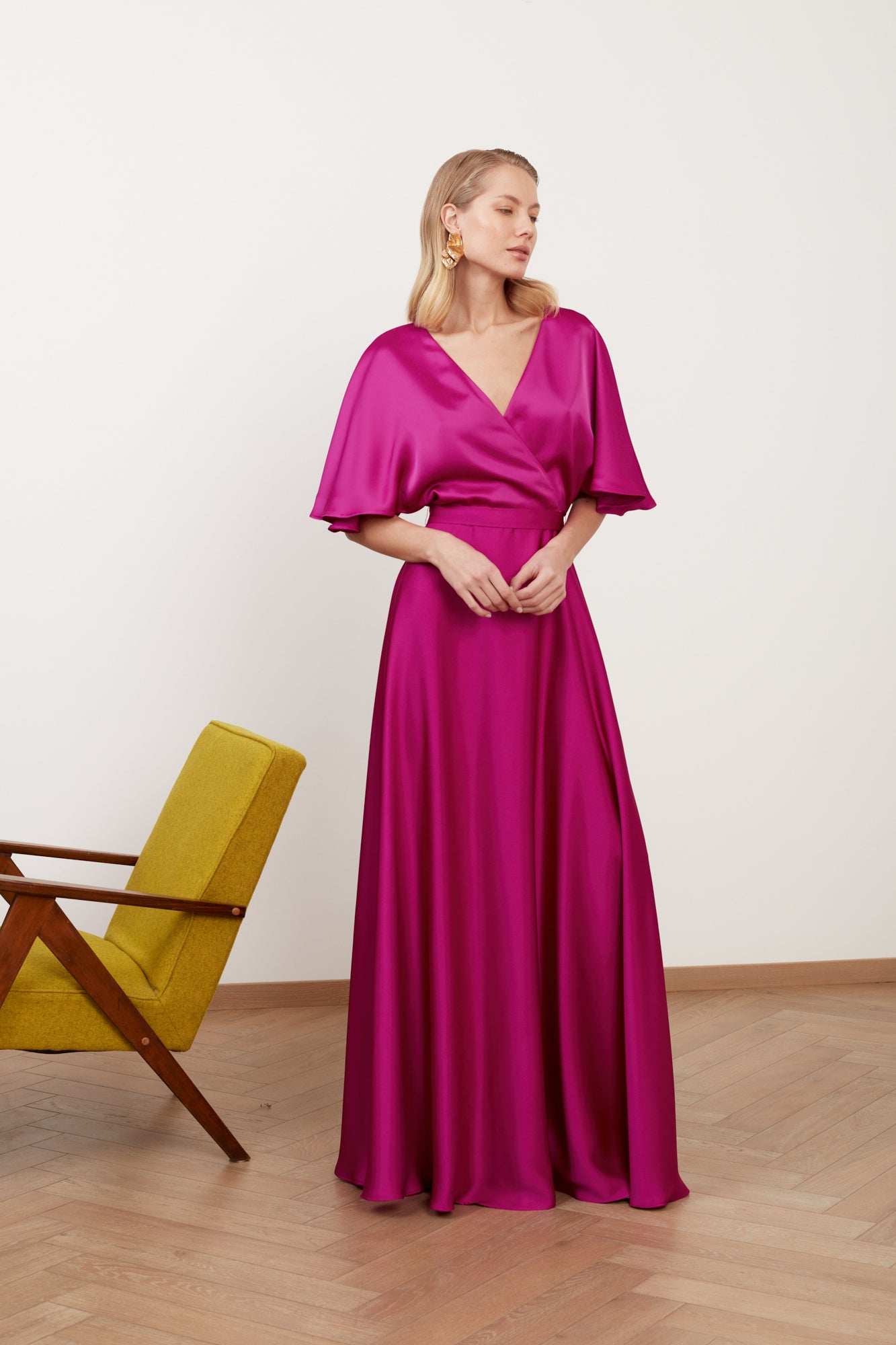 SOLENE fuchsia satin long wedding guest dress