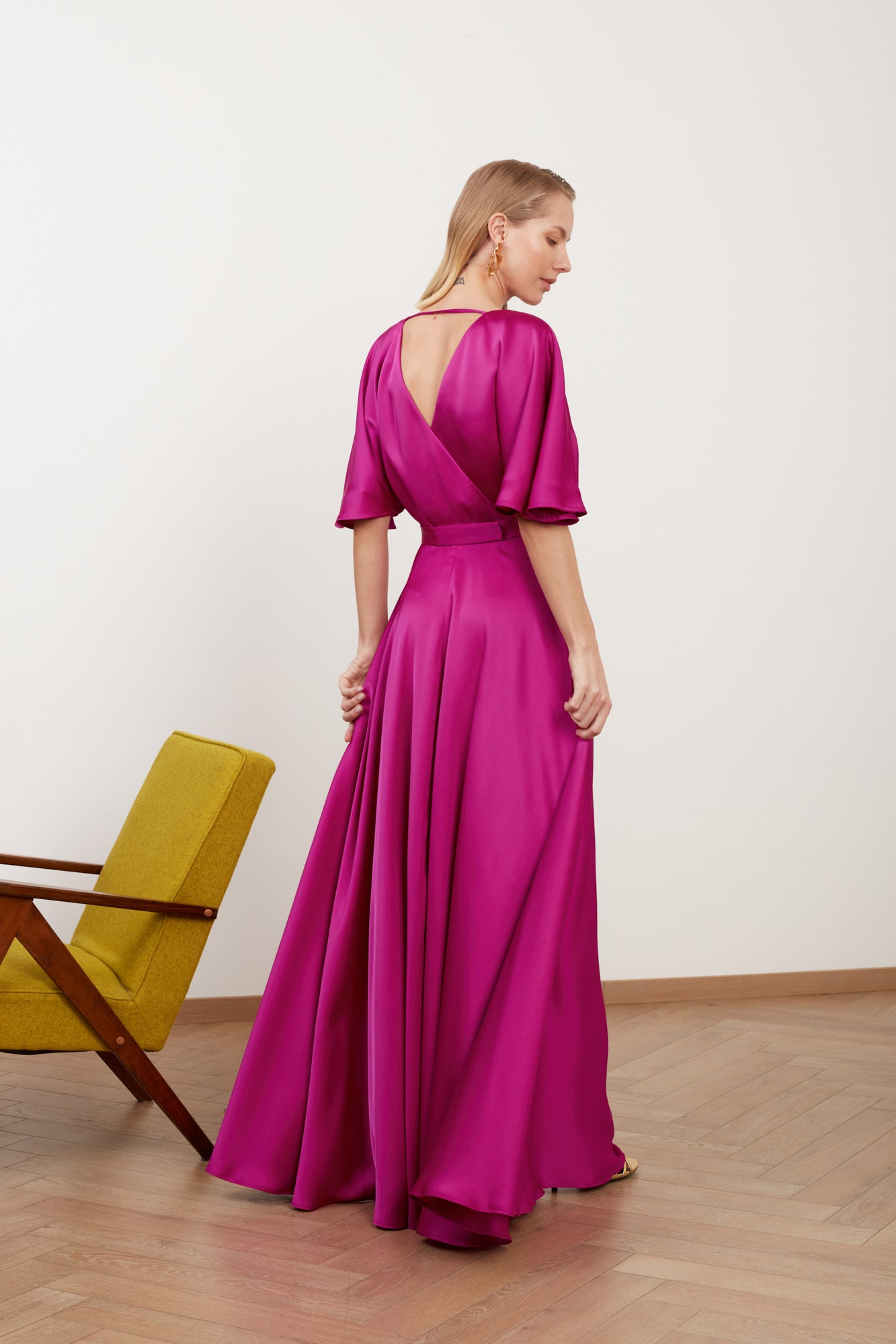 SOLENE fuchsia satin long wedding guest dress