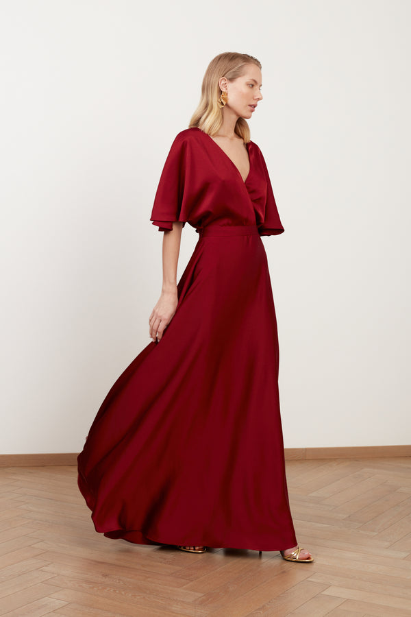 SOLENE burgundy red satin maxi evening dress