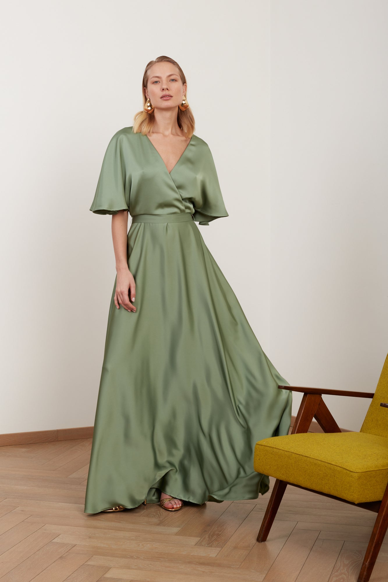 Sage Green Satin Maxi Wedding Guest Dress SOLENE | UNDRESS