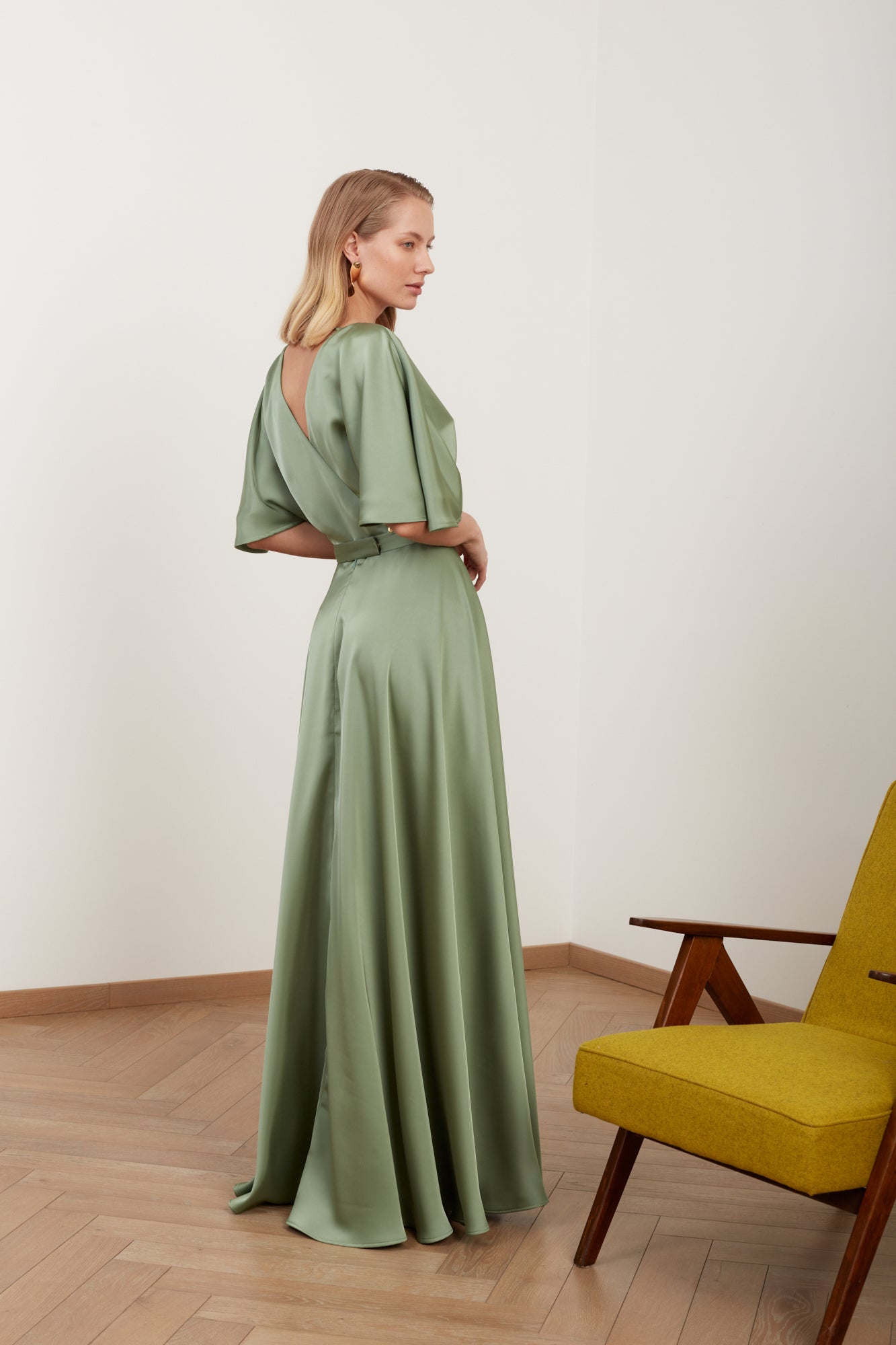 SOLENE sage green satin long wedding guest dress