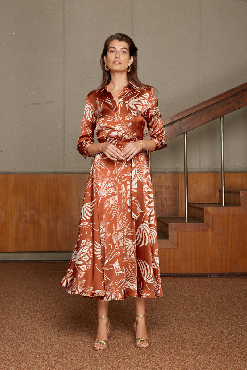 Floral Print Midi Shirt Dress in Brown - Chic Fashion Choice