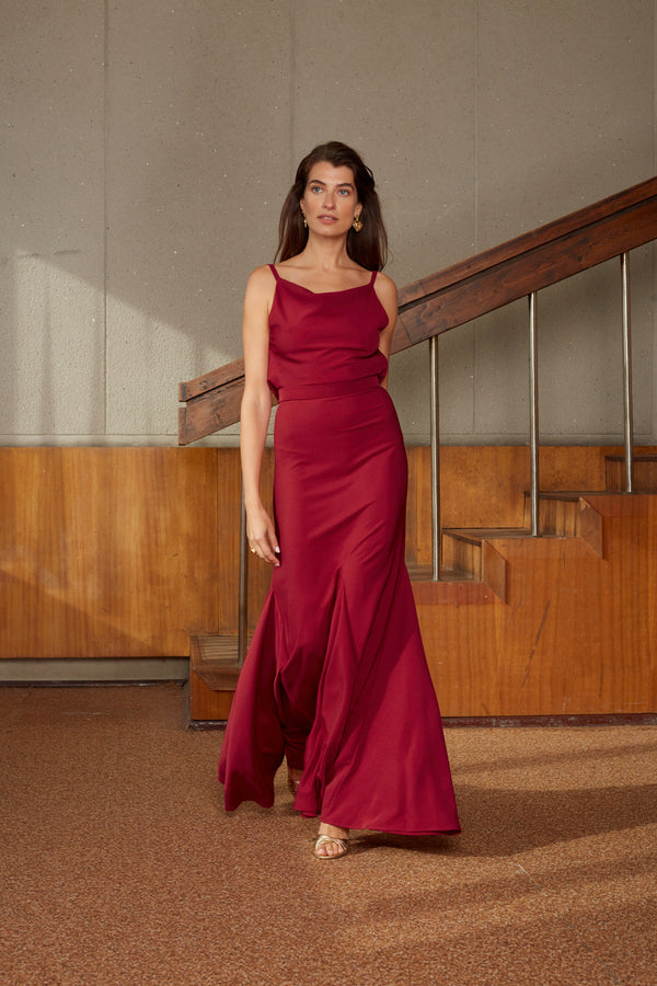 LINEA red flattering evening gown dress with open back