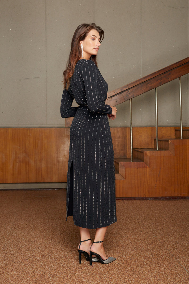 MEERA black rhinestone stripes fabric V neck dress