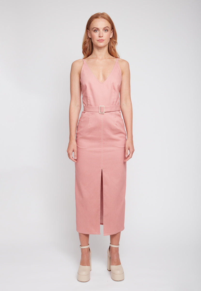 ALBERTA Pastel Pink Denim Open Back Dress - Front View