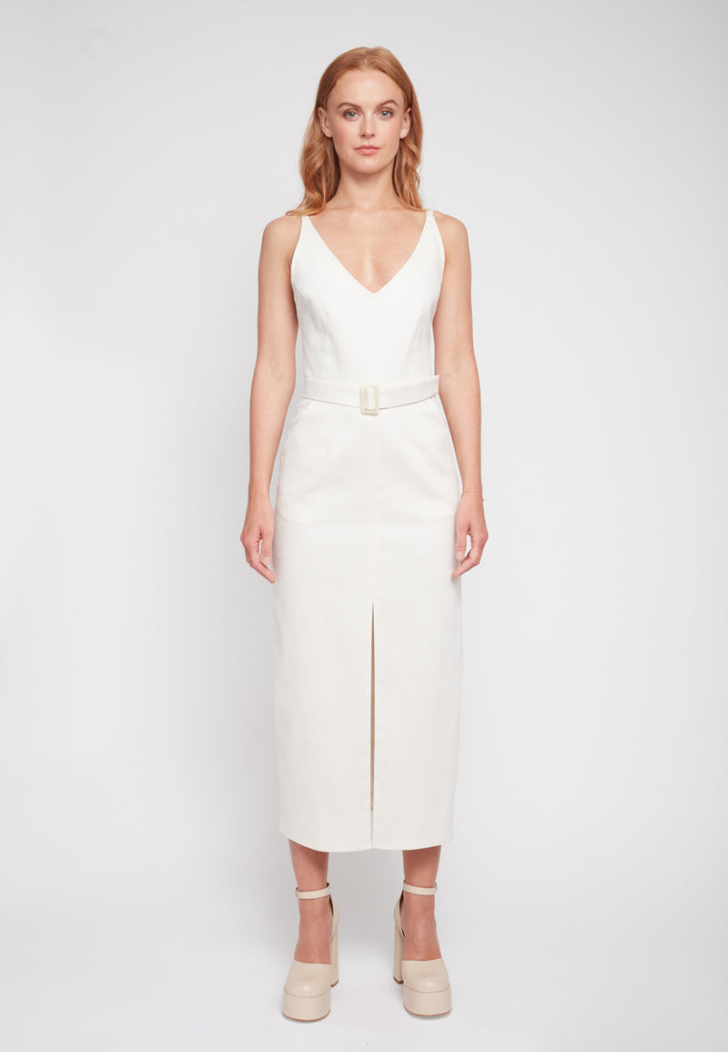 ALBERTA Off-White Denim Midi Dress - Front View