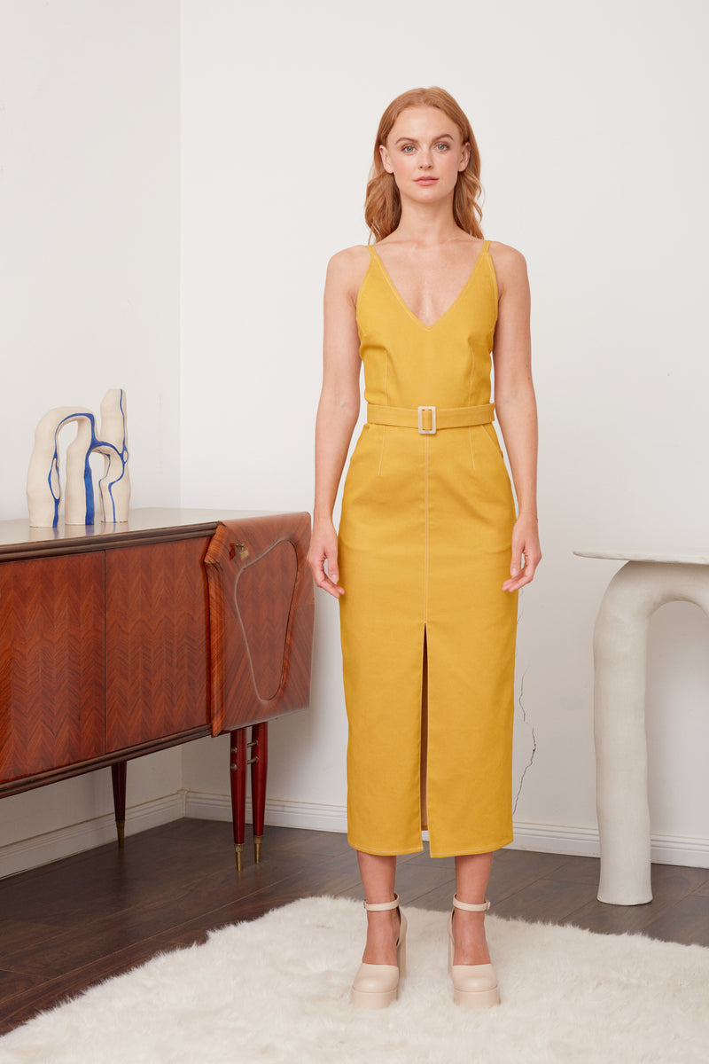 ALBERTA Yellow Denim Classy Pencil Skirt Dress - Versatile and Chic
