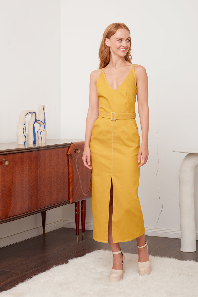 ALBERTA Yellow Denim Classy Pencil Skirt Dress - Elegant and Sophisticated