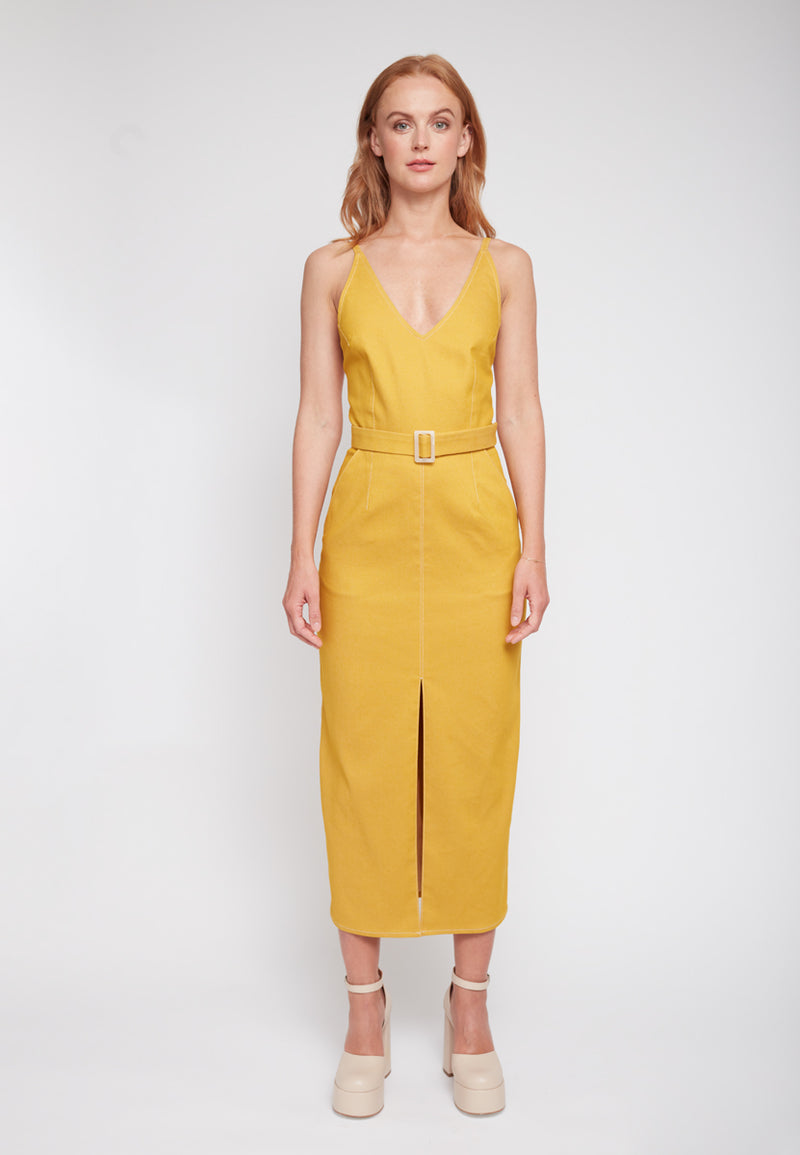 ALBERTA Yellow Denim Classy Pencil Skirt Dress - Front View