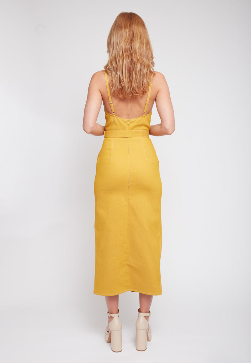 ALBERTA Yellow Denim Classy Pencil Skirt Dress - Back View