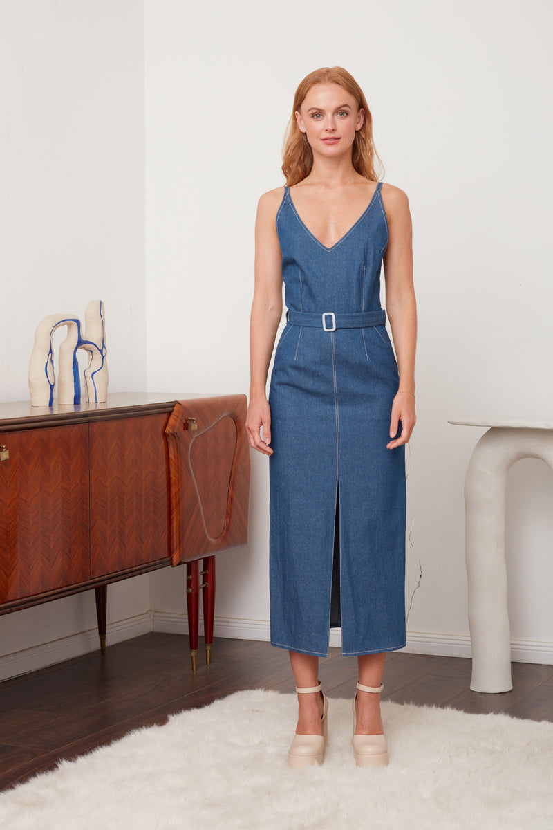 ALBERTA Classy Blue Denim Midi Dress - Classic and Trendy Look