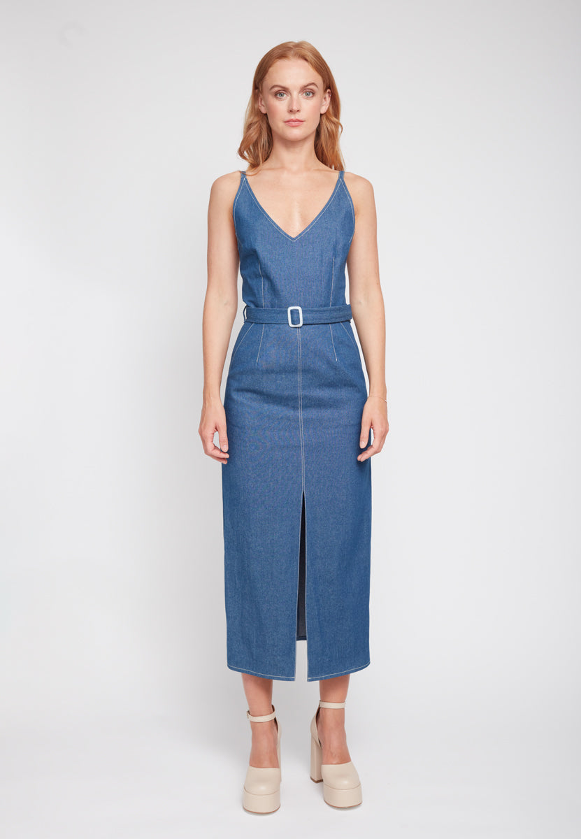 ALBERTA Classy Blue Denim Midi Dress - Front View