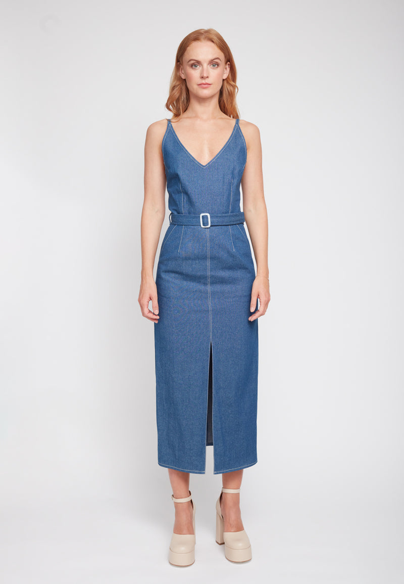 ALBERTA Classy Blue Denim Midi Dress - Front View