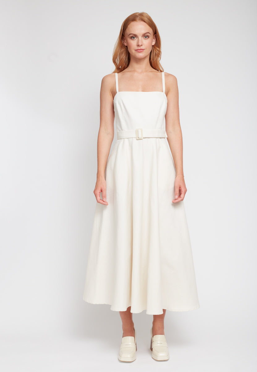 White Denim Midi Dress with Circle Skirt MATISSA | UNDRESS