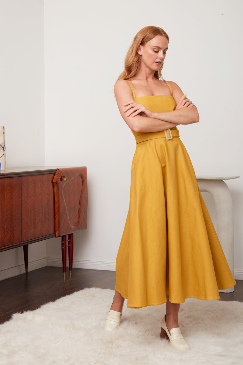 MATISSA Yellow Denim Circle Skirt Dress - Flattering A-line Silhouette