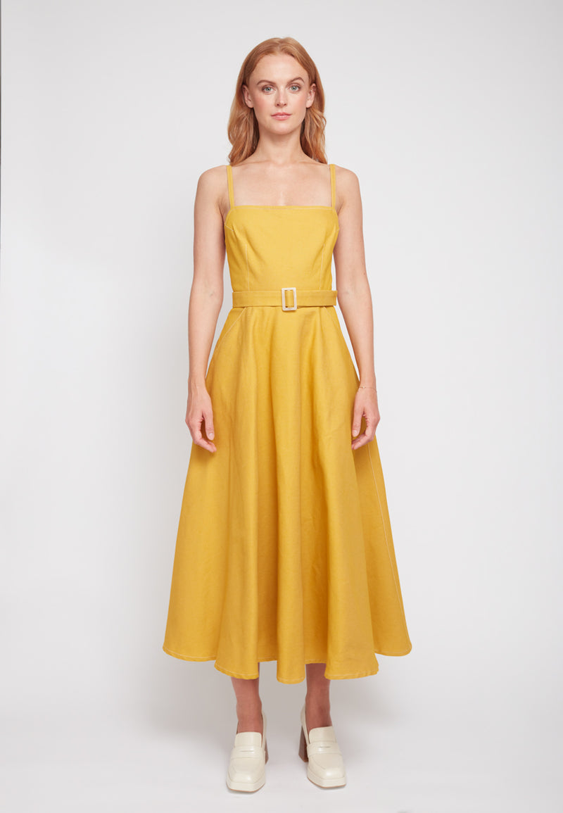 MATISSA Yellow Denim Circle Skirt Dress - Front View