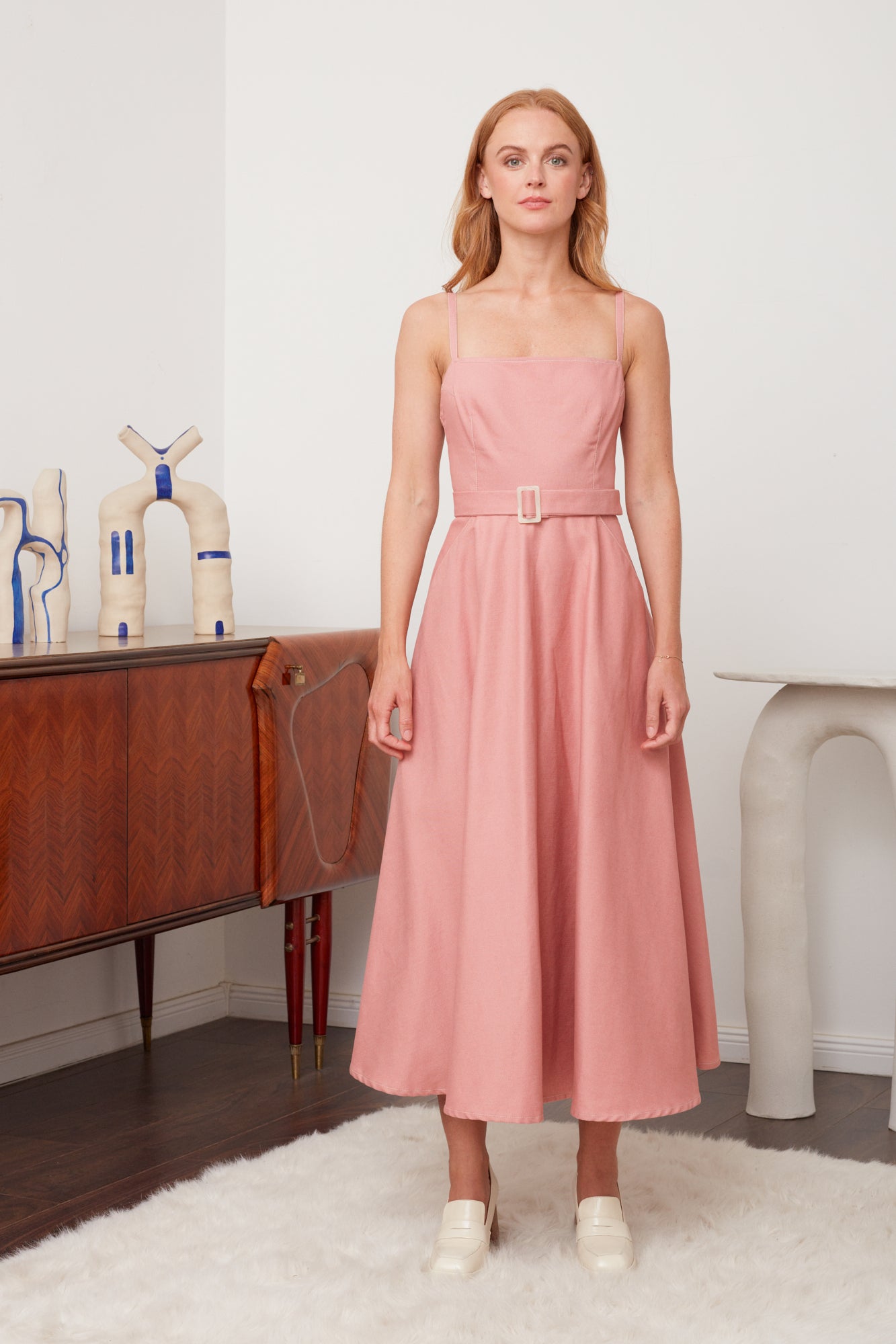 MATISSA Pastel Pink Denim Midi Dress - Sophisticated Midi Length