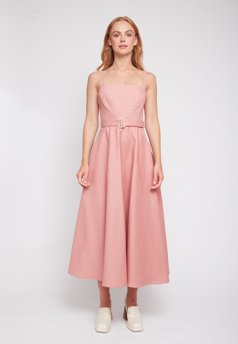 MATISSA Pastel Pink Denim Midi Dress - Front View