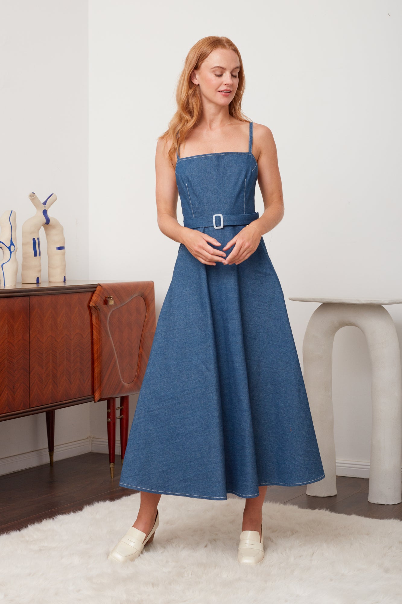 MATISSA Blue Denim Dress - Flattering Circle Skirt Silhouette