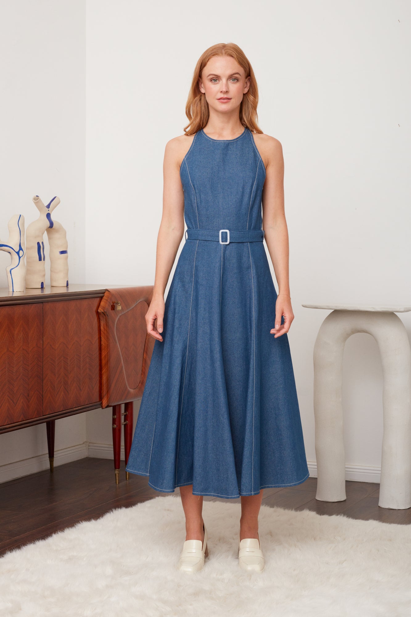 ODE Classy Blue Denim Midi Dress - Flattering A-line Silhouette