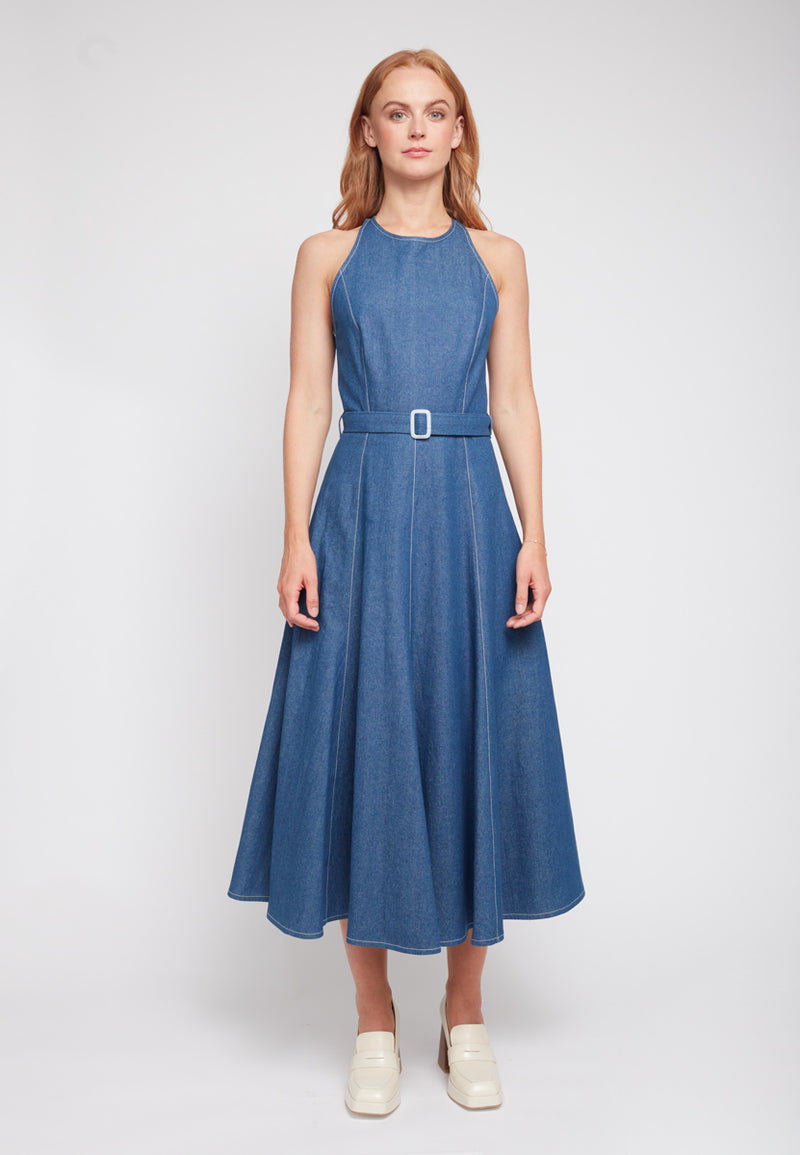 ODE Classy Blue Denim Midi Dress - Front View
