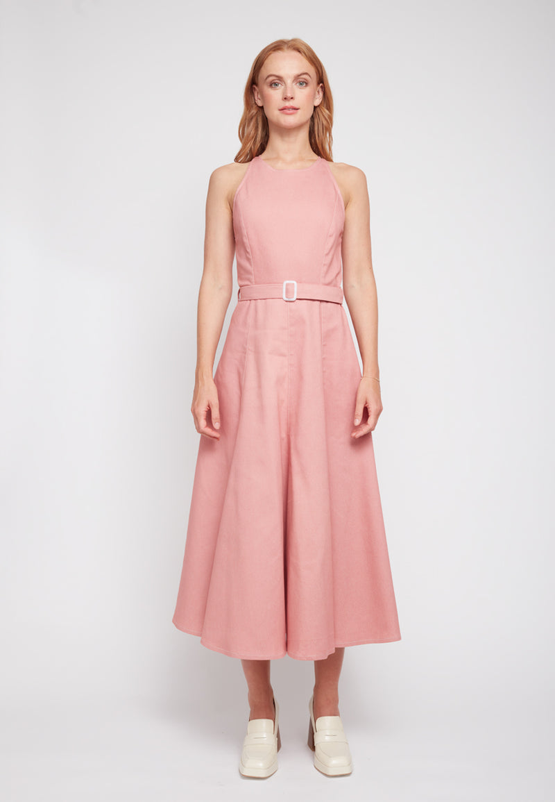 ODE Pastel Pink Denim Midi Dress - Front View