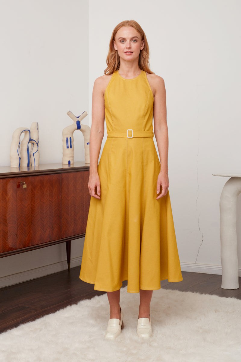 ODE Yellow Denim Godet Midi Dress - Vibrant Yellow Shade