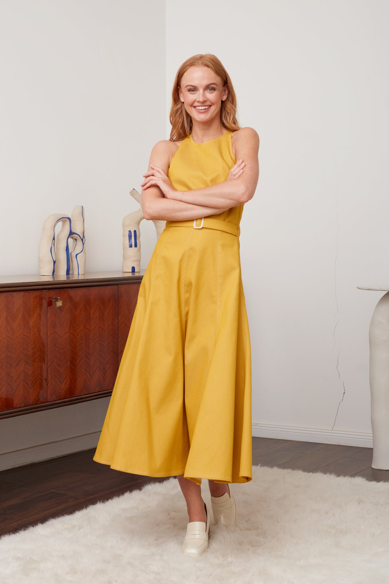 ODE Yellow Denim Godet Midi Dress - Vibrant Yellow Shade