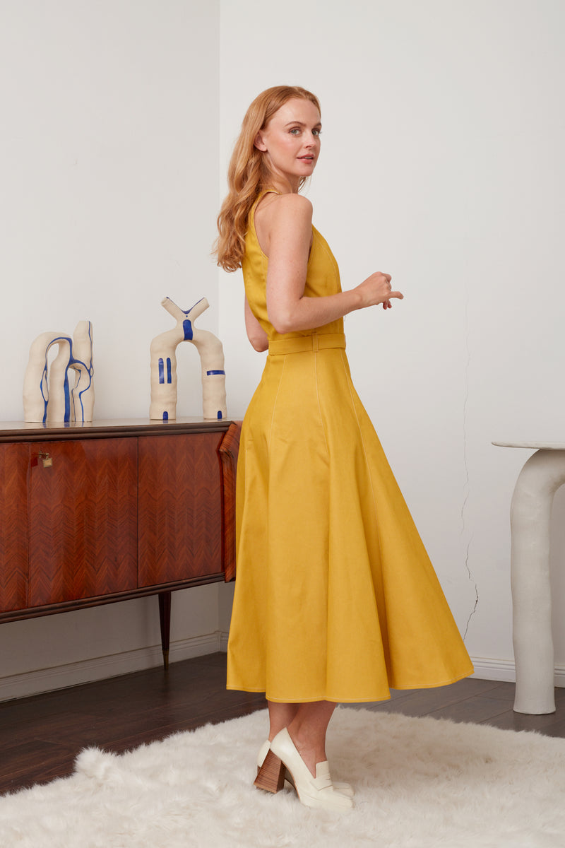 ODE Yellow Denim Godet Midi Dress - Elegant Casual Wear