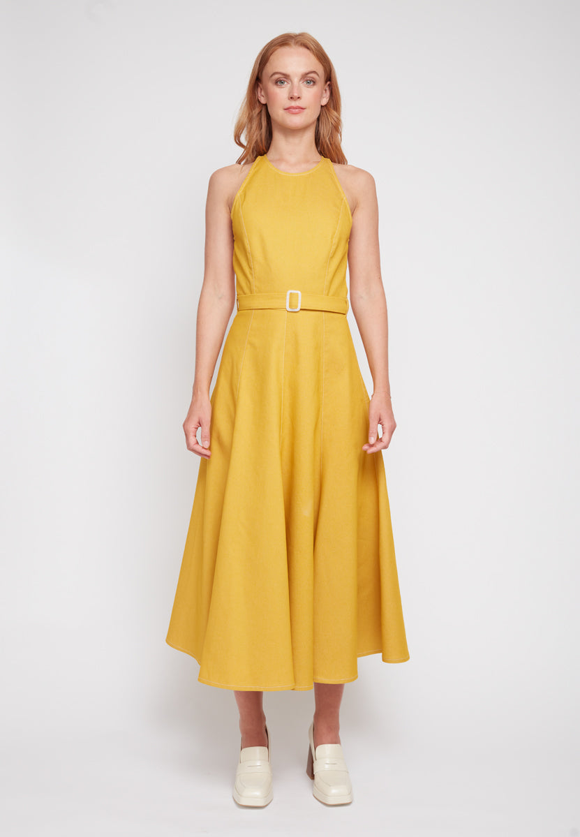 ODE Yellow Denim Godet Midi Dress - Front View