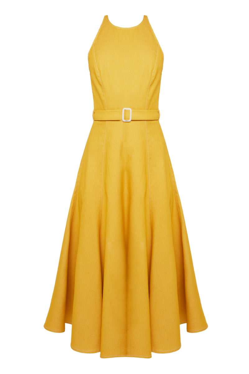 ODE Yellow Denim Godet Midi Dress - Adjustable Shoulder Straps