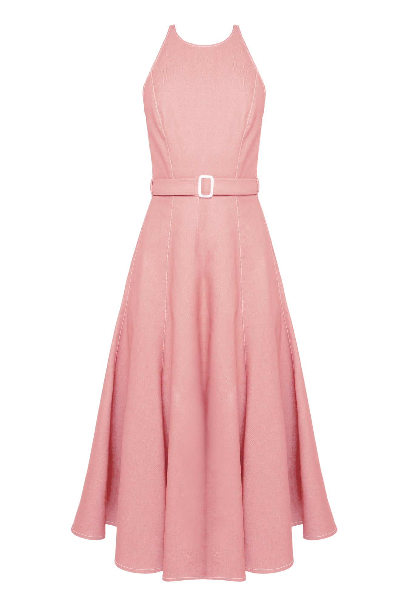 ODE Pastel Pink Denim Midi Dress - Godet Skirt Design