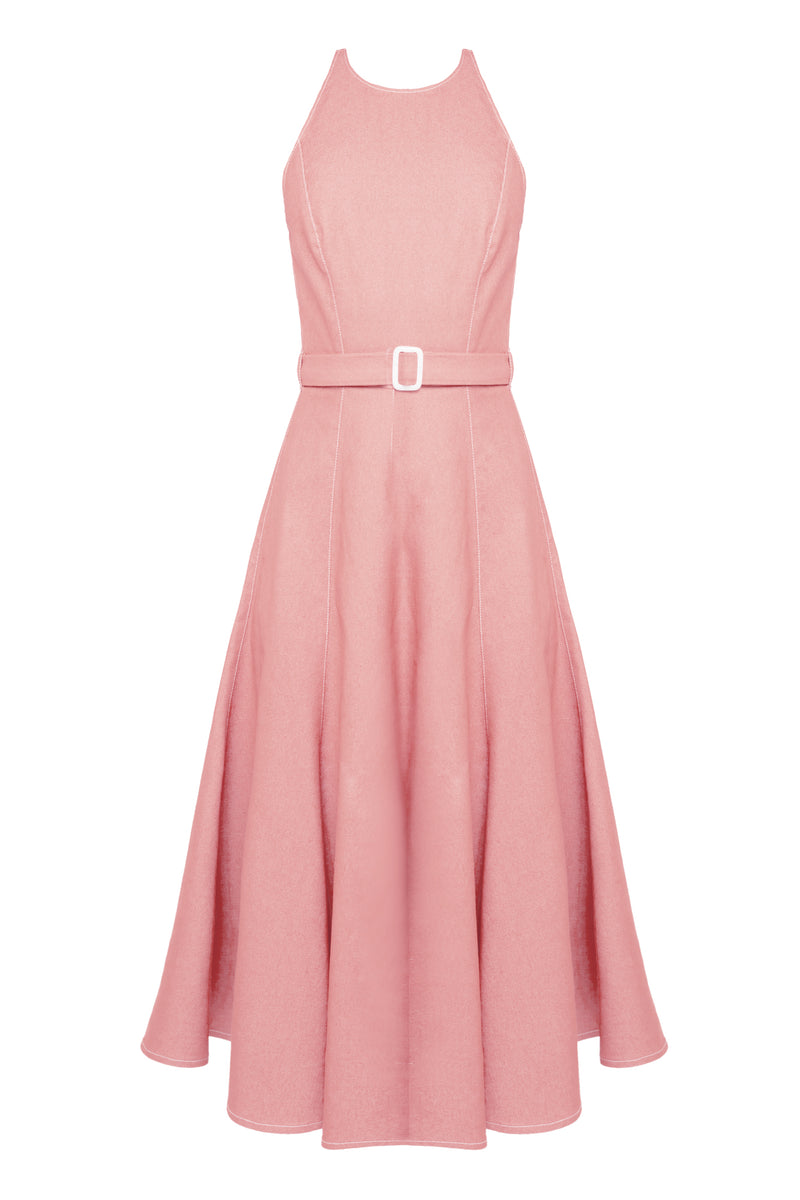 ODE Pastel Pink Denim Midi Dress - Godet Skirt Design