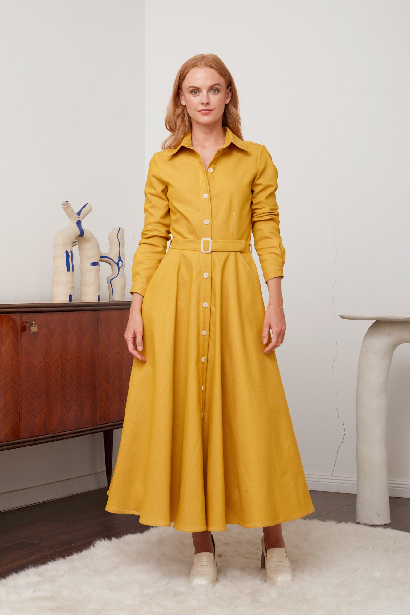 ESTI Classy Yellow Denim Midi Shirt Dress - Sophisticated and Stylish