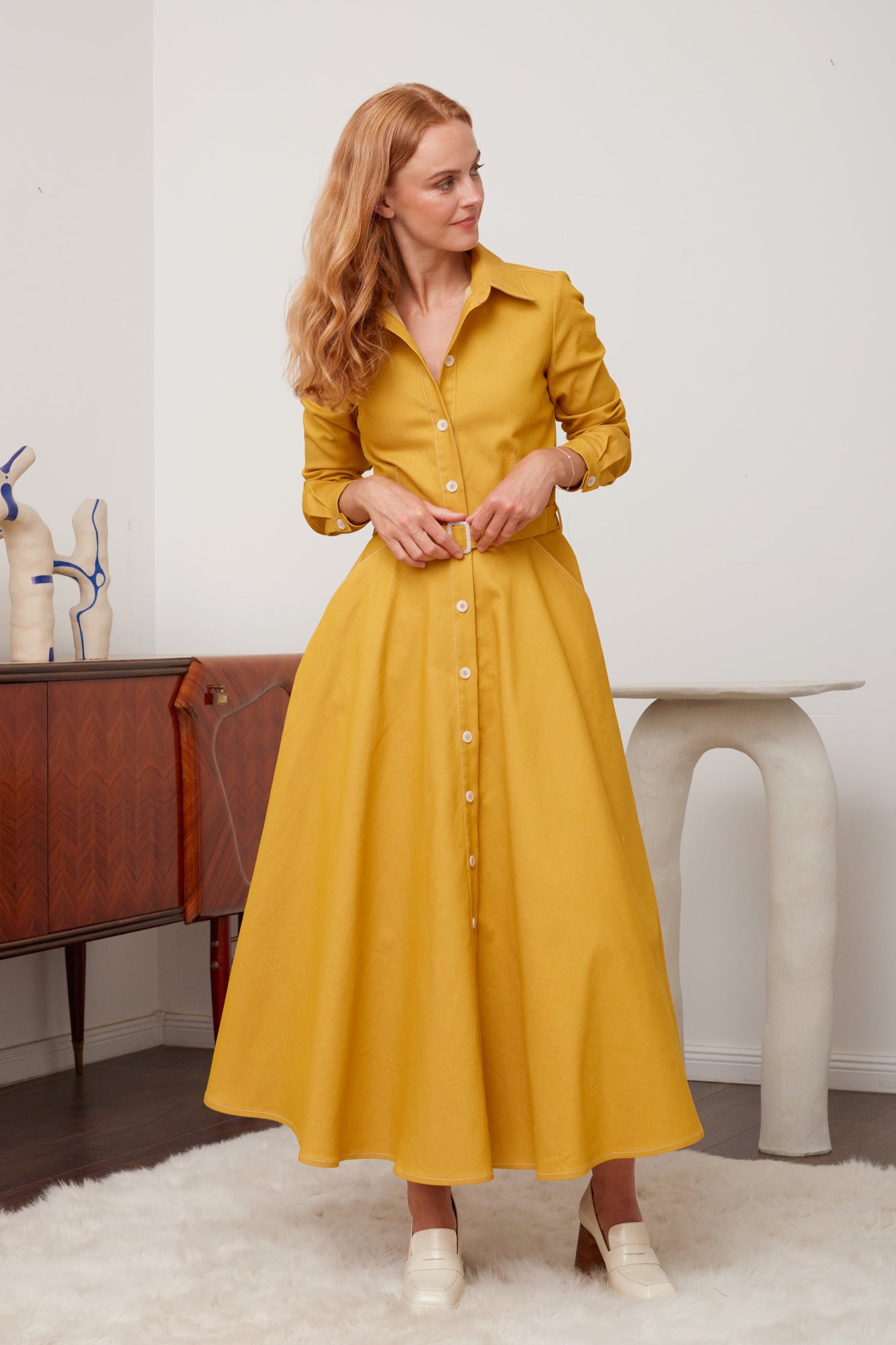 ESTI Classy Yellow Denim Midi Shirt Dress - Chic and Trendy Design