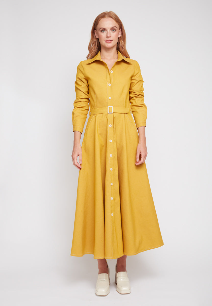 ESTI Classy Yellow Denim Midi Shirt Dress - Front View