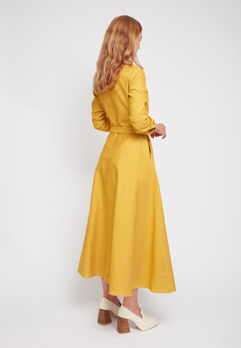 ESTI Classy Yellow Denim Midi Shirt Dress - Back View