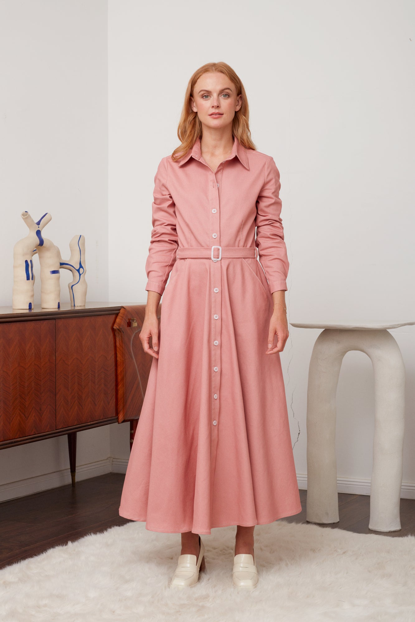 ESTI Pastel Pink Denim Midi Shirt Dress - Classic Denim Elegance
