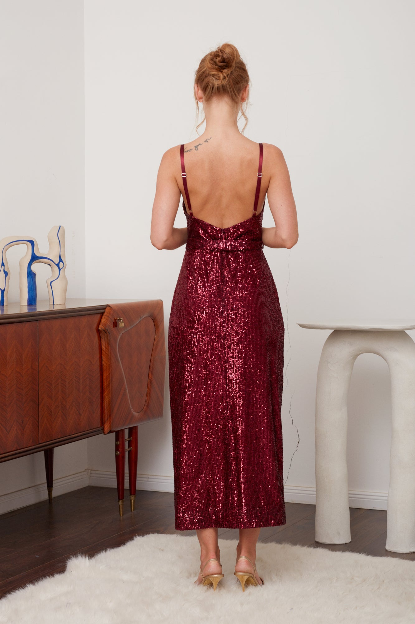 CHLOE Deep Red Sequin Open Back Cocktail Dress - Trendy and Fashionable