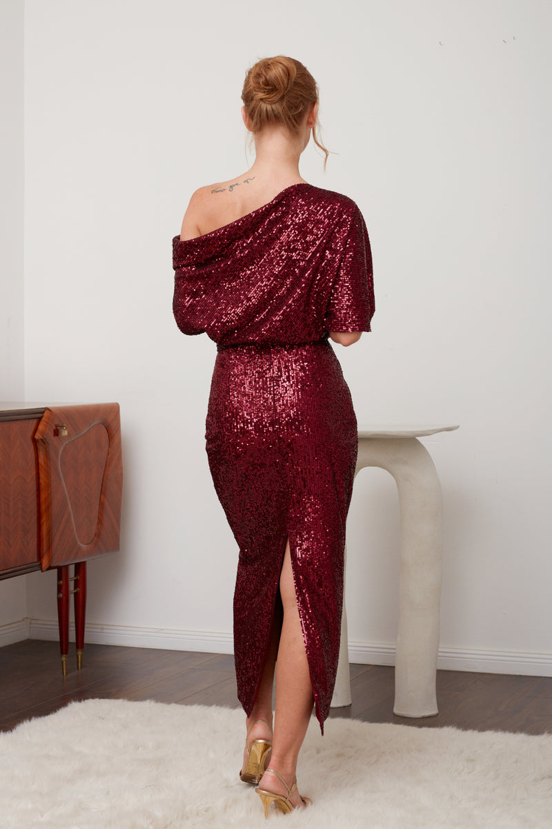 MARGO Deep Red Sequin Asymmetric Cocktail Dress - Perfect for Special Occasions
