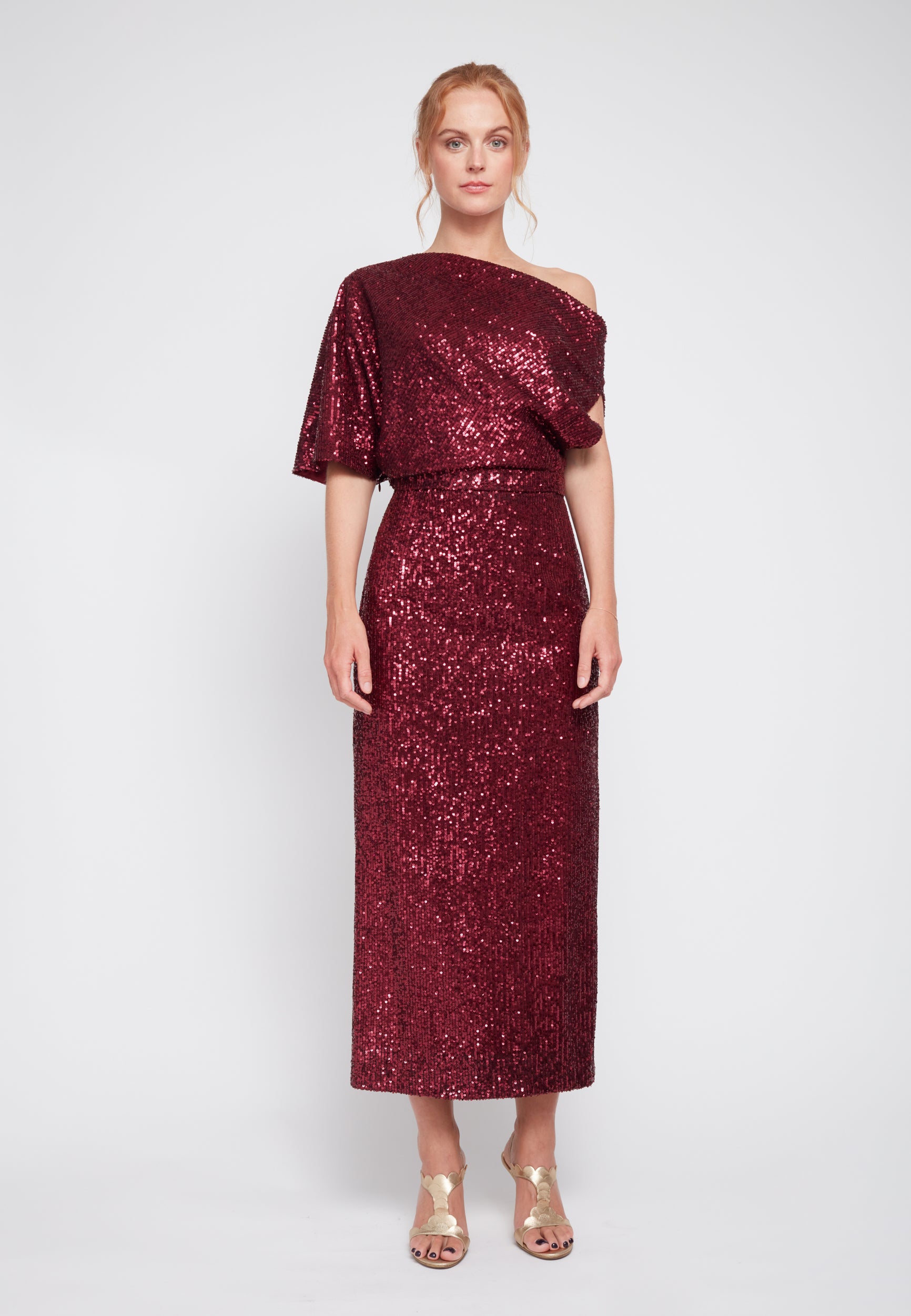 MARGO deep red sequin asymmetric cocktail dress