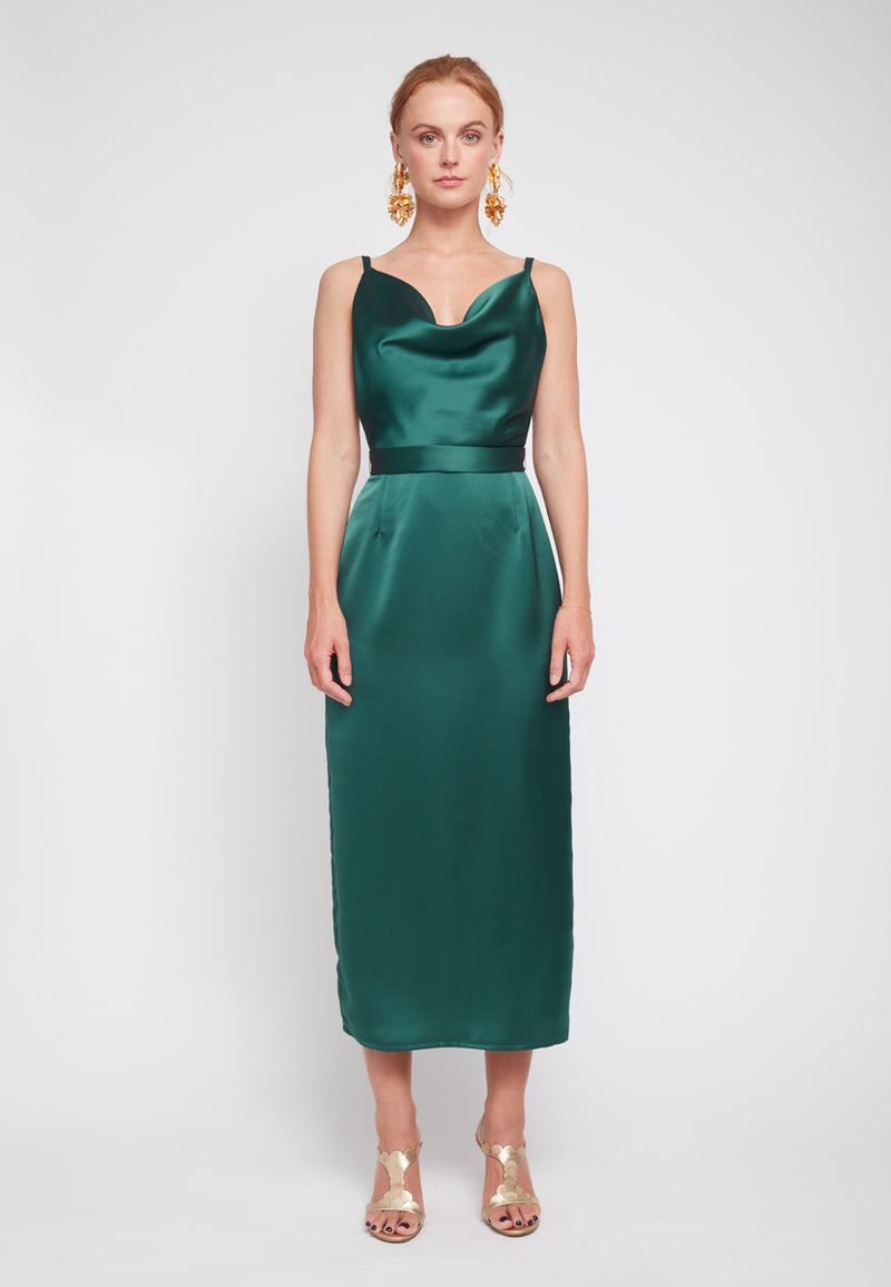 Dark green satin midi cocktail dress KAMEA